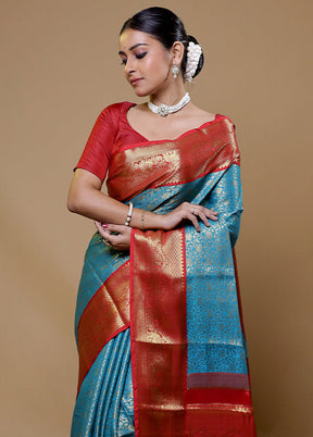 Blue Kanjivaram Silk Saree With Blouse Piece