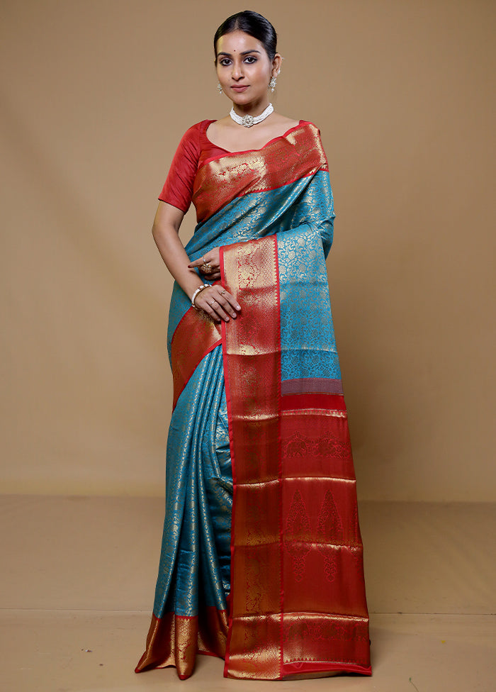 Blue Kanjivaram Silk Saree With Blouse Piece