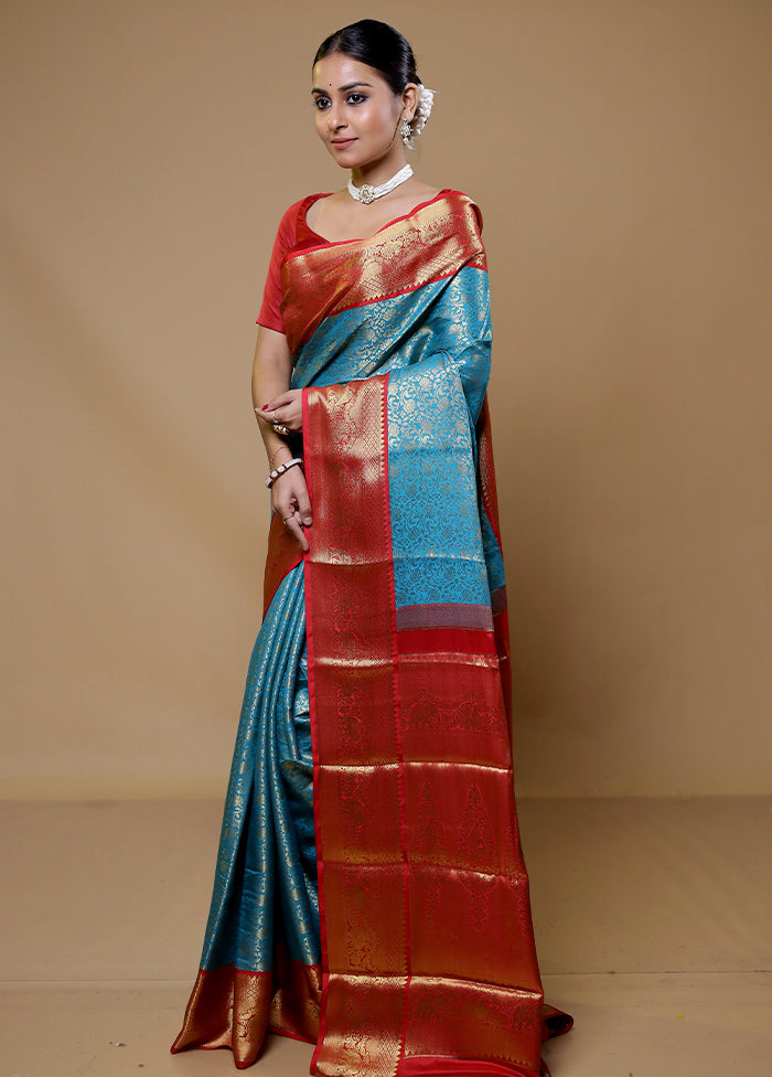 Blue Kanjivaram Silk Saree With Blouse Piece