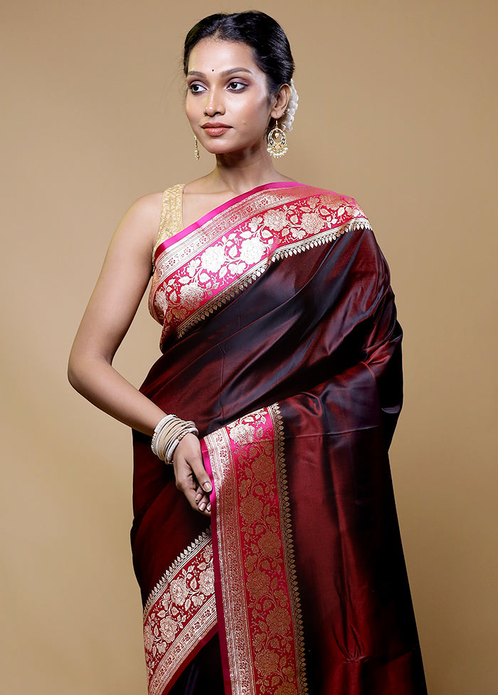 Maroon Banarasi Silk Saree With Blouse Piece