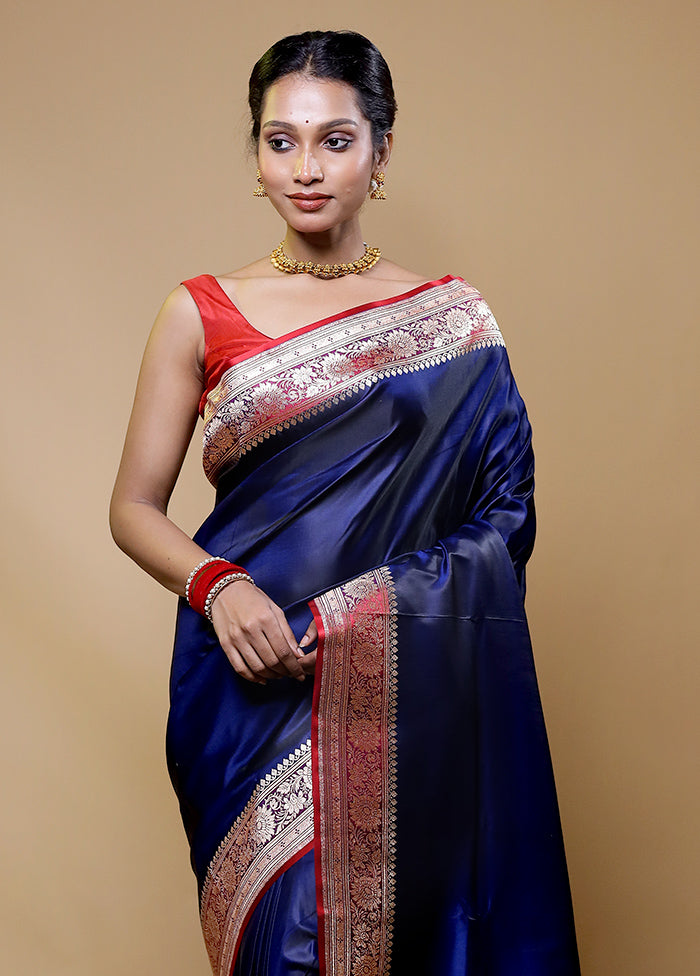 Blue Banarasi Silk Saree With Blouse Piece