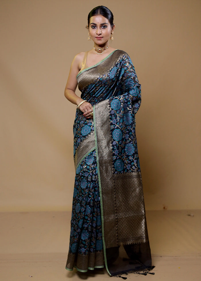 Blue Kora Silk Saree With Blouse Piece