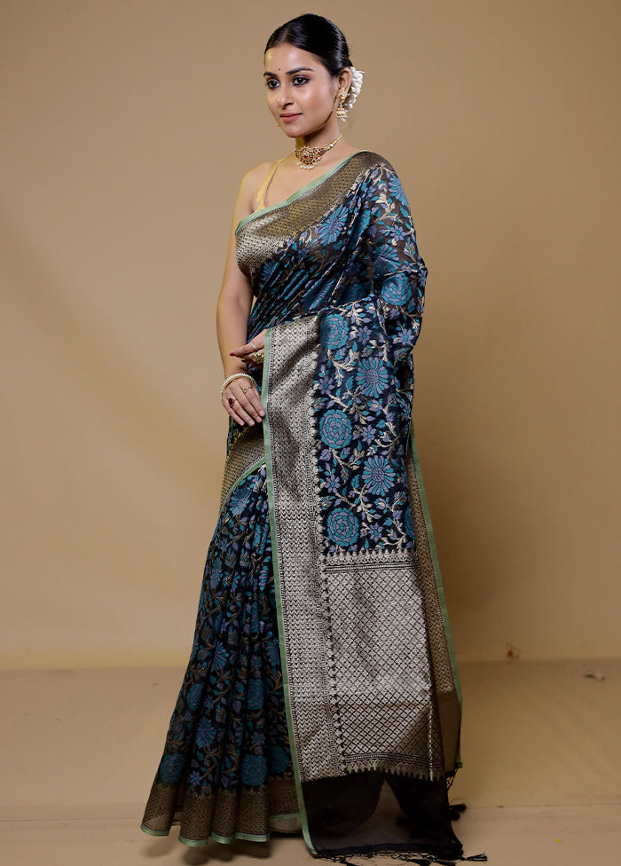 Blue Kora Silk Saree With Blouse Piece