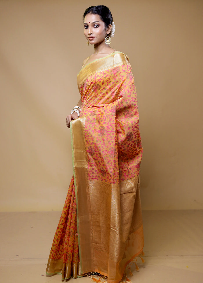 Peach Kora Silk Saree With Blouse Piece