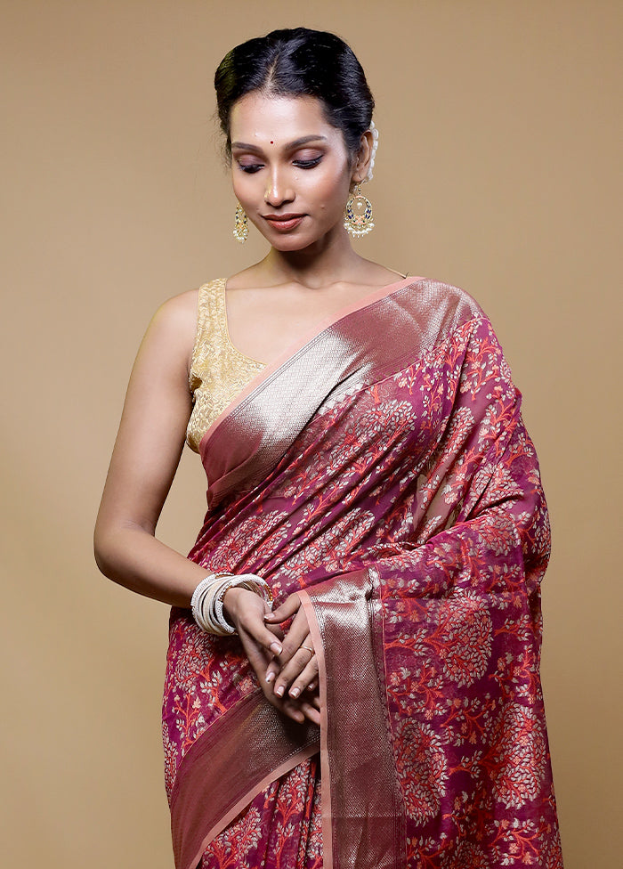 Maroon Kora Silk Saree With Blouse Piece