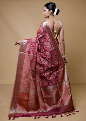 Maroon Kora Silk Saree With Blouse Piece