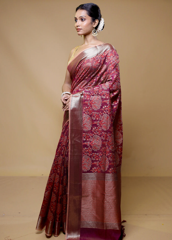 Maroon Kora Silk Saree With Blouse Piece