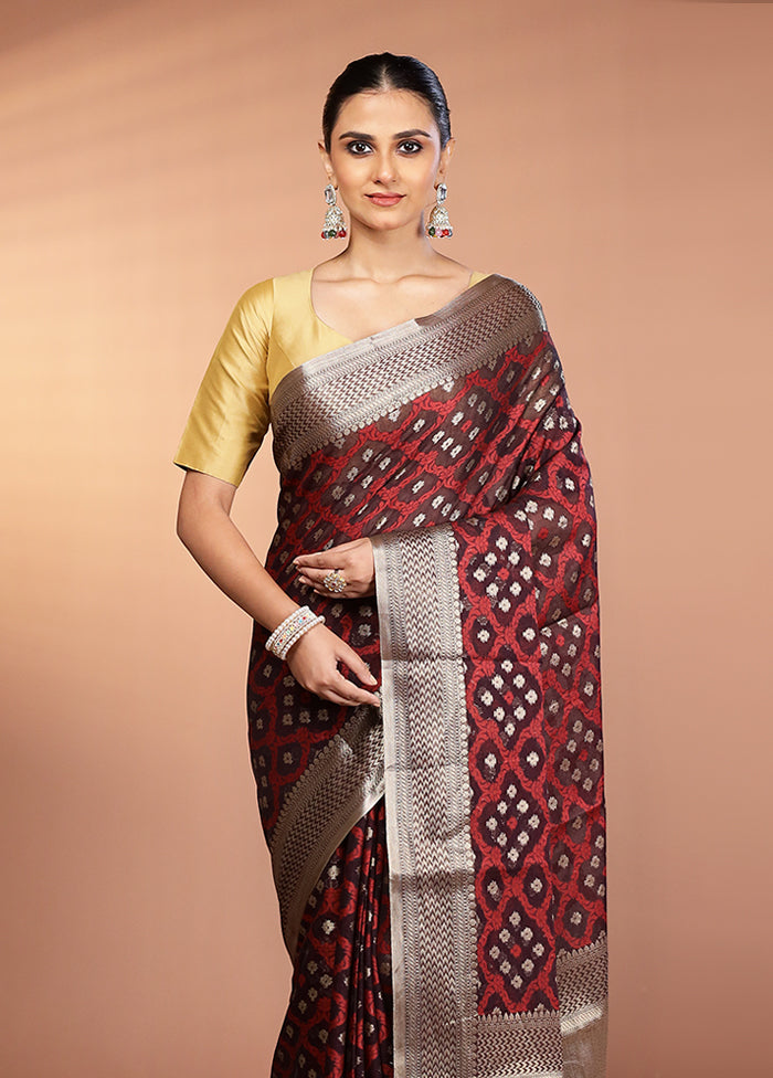 Maroon Kora Silk Saree With Blouse Piece