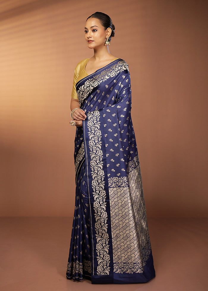 Blue Katan Silk Saree With Blouse Piece