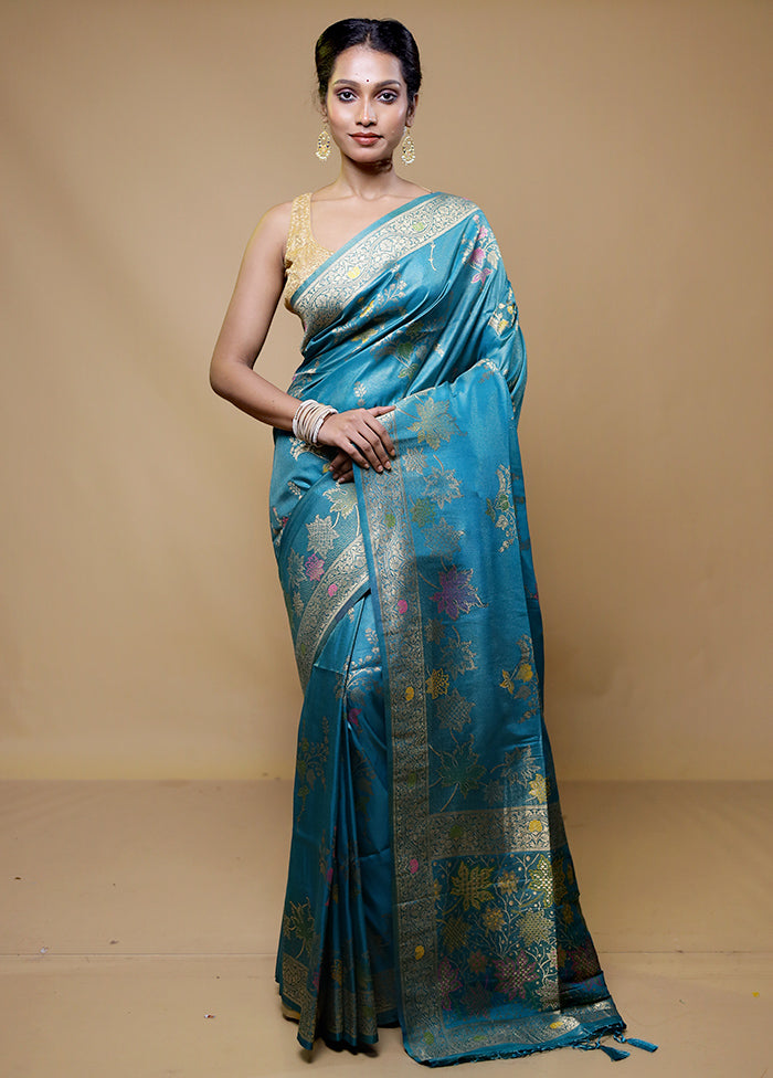 Blue Tissue Silk Saree With Blouse Piece