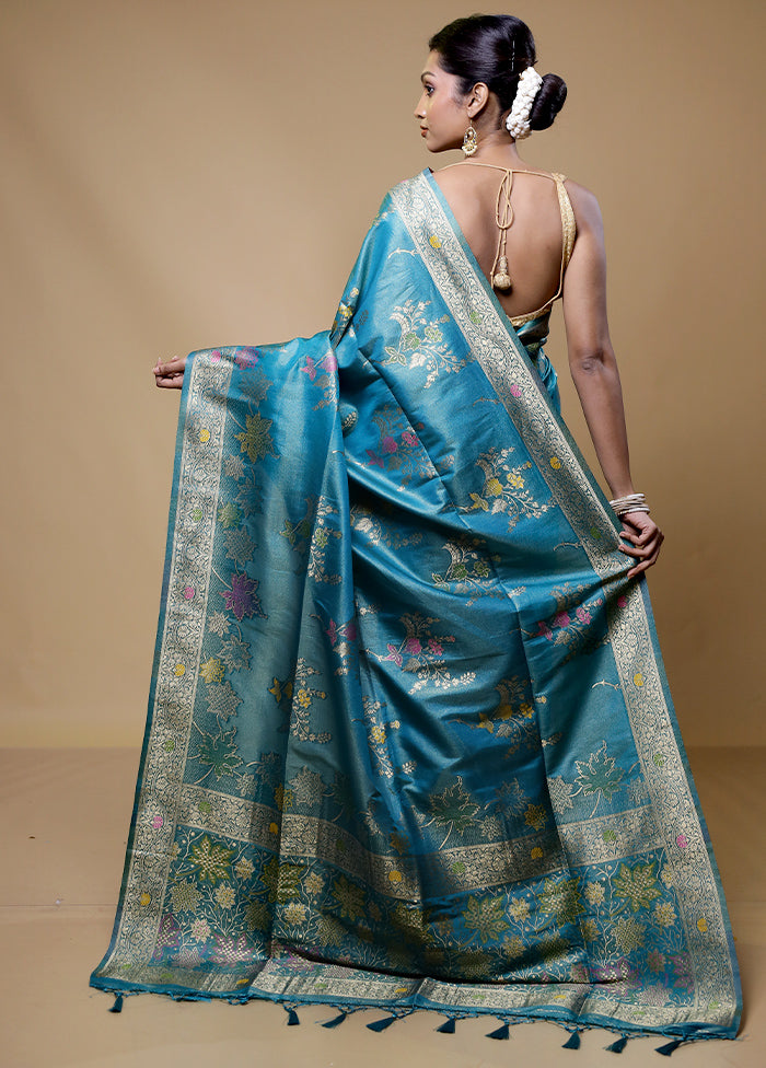 Blue Tissue Silk Saree With Blouse Piece