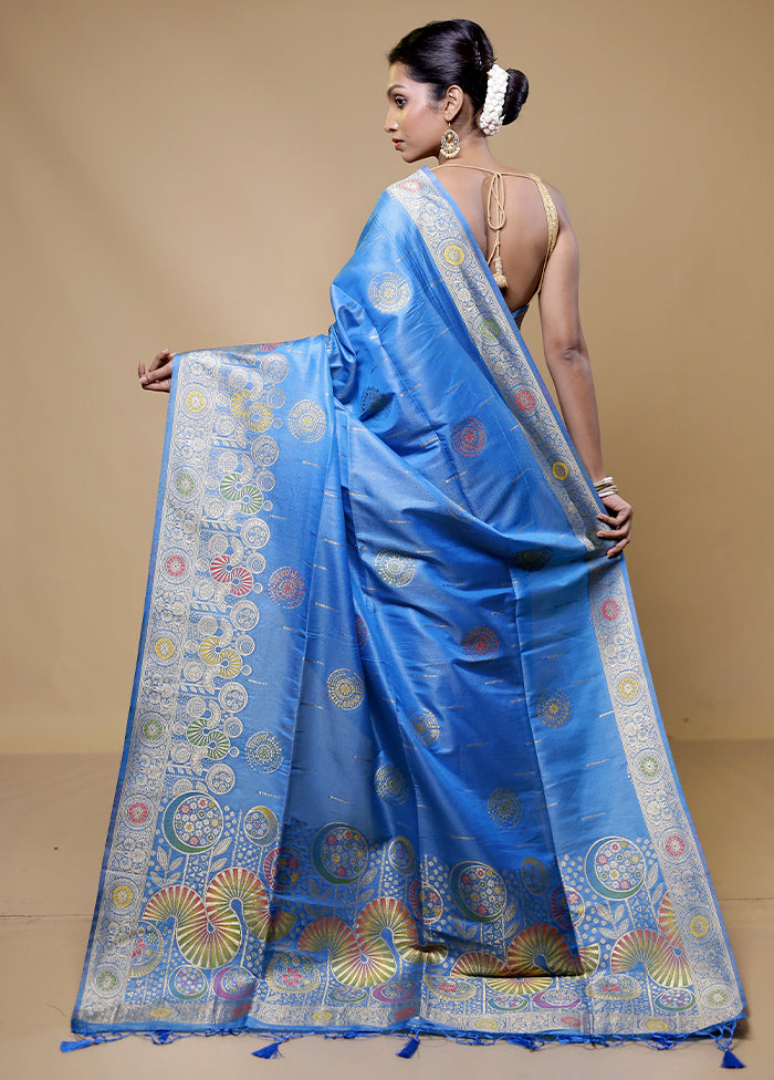 Blue Tissue Silk Saree With Blouse Piece