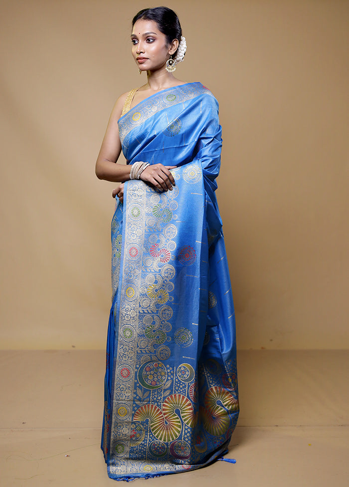 Blue Tissue Silk Saree With Blouse Piece