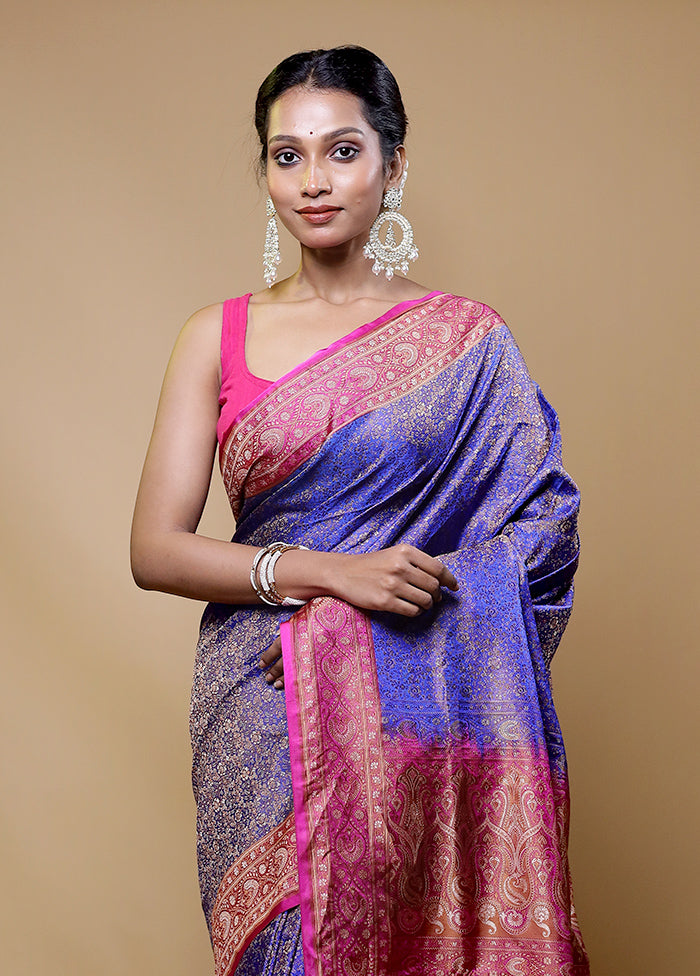 Blue Handloom Jamewar Pure Silk Saree With Blouse Piece