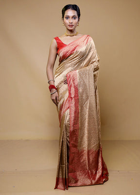 Beige Handloom Jamewar Pure Silk Saree With Blouse Piece