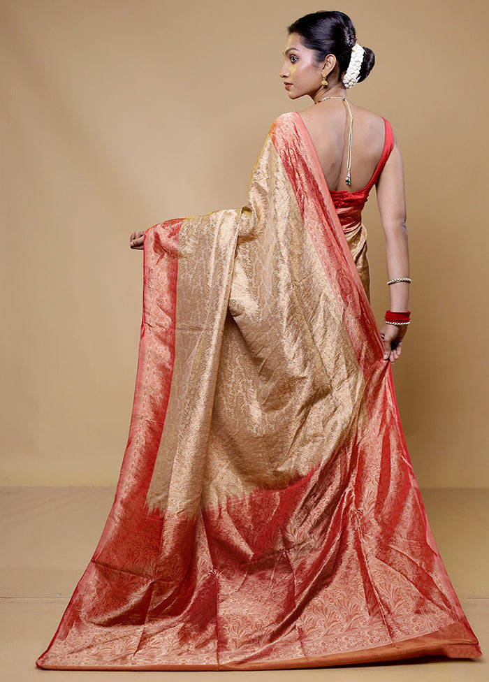 Beige Handloom Jamewar Pure Silk Saree With Blouse Piece