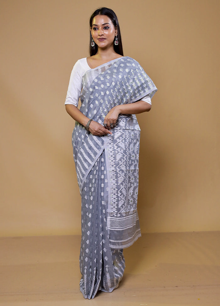 Grey Tant Jamdani Saree Without Blouse Piece