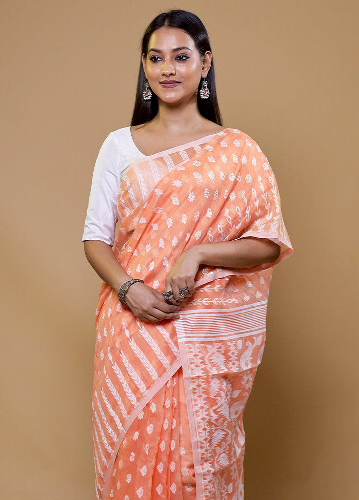 Peach Tant Jamdani Saree Without Blouse Piece