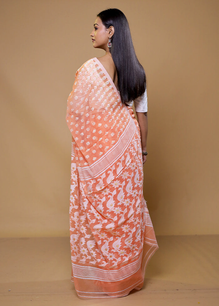 Peach Tant Jamdani Saree Without Blouse Piece