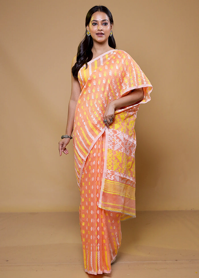 Peach Tant Jamdani Saree Without Blouse Piece