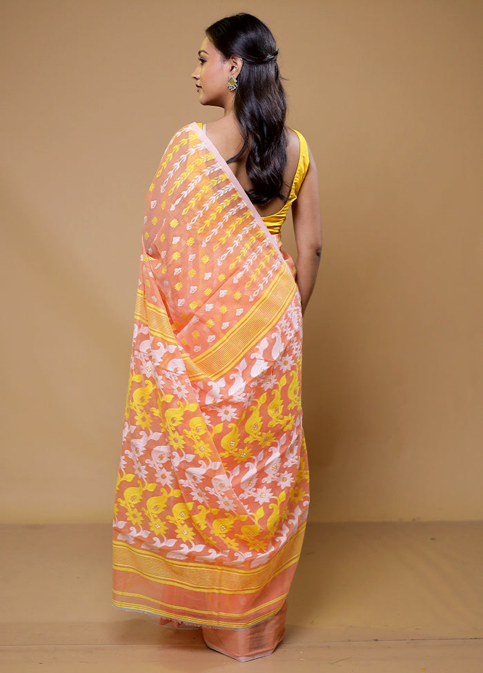 Peach Tant Jamdani Saree Without Blouse Piece