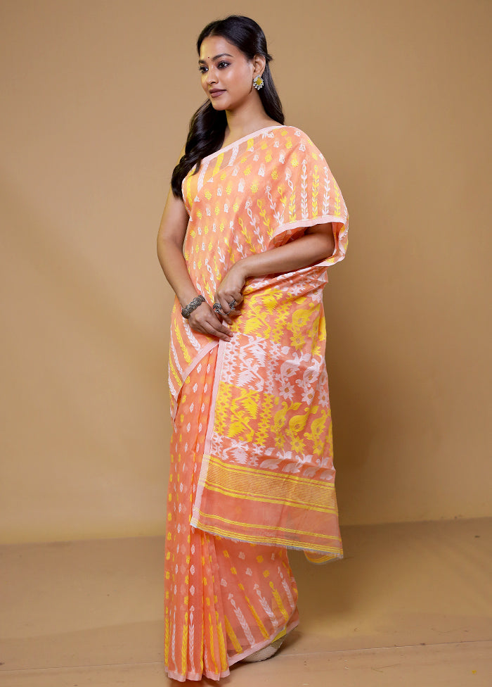 Peach Tant Jamdani Saree Without Blouse Piece