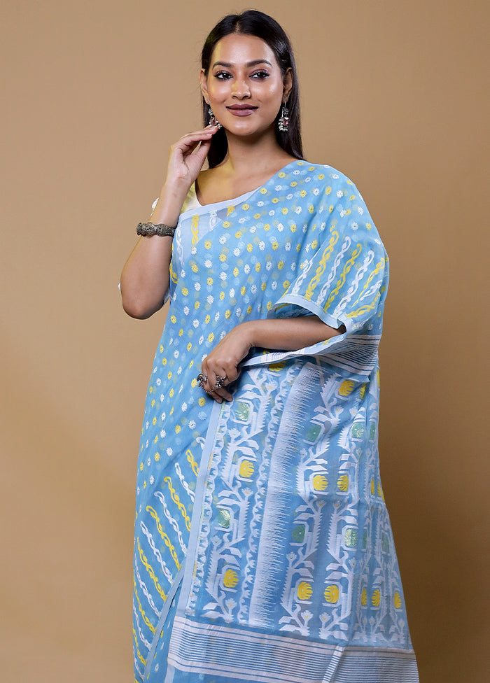 Blue Tant Jamdani Saree Without Blouse Piece