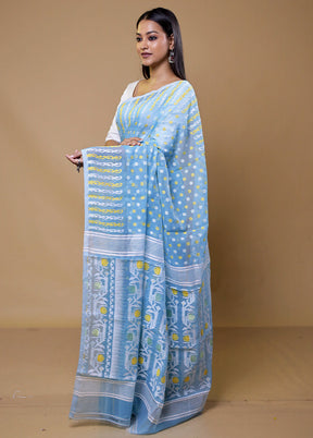 Blue Tant Jamdani Saree Without Blouse Piece