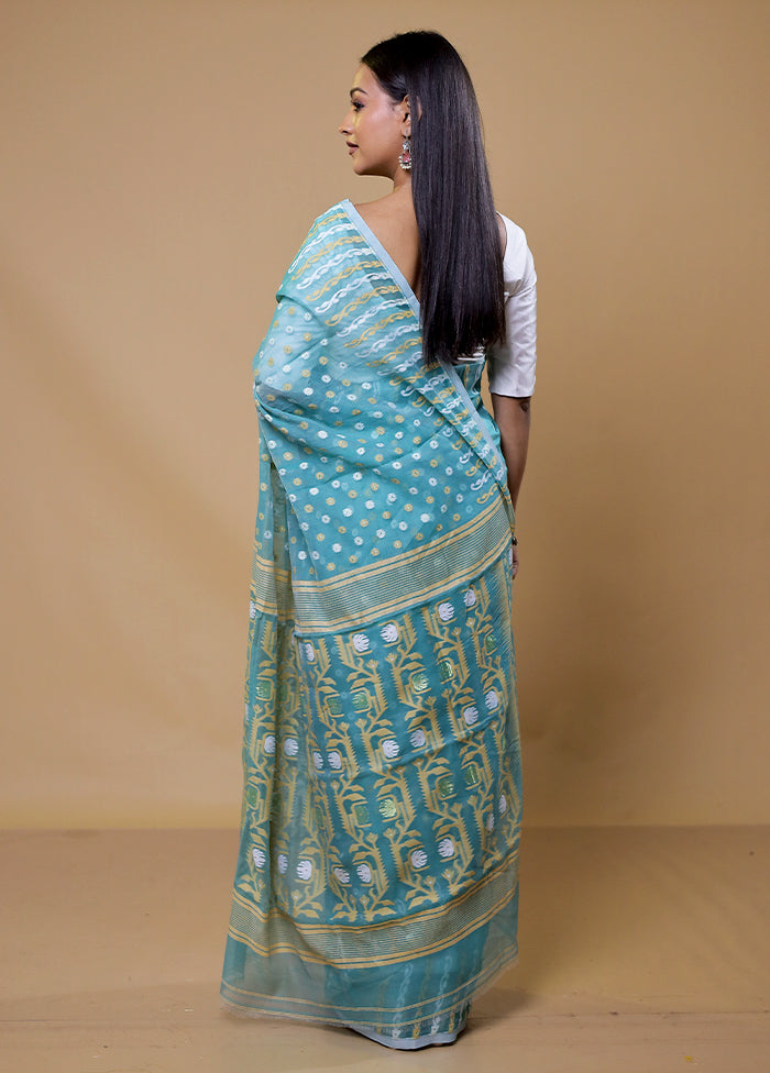 Blue Tant Jamdani Saree Without Blouse Piece