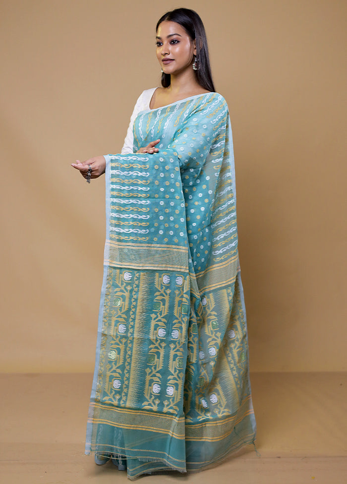 Blue Tant Jamdani Saree Without Blouse Piece