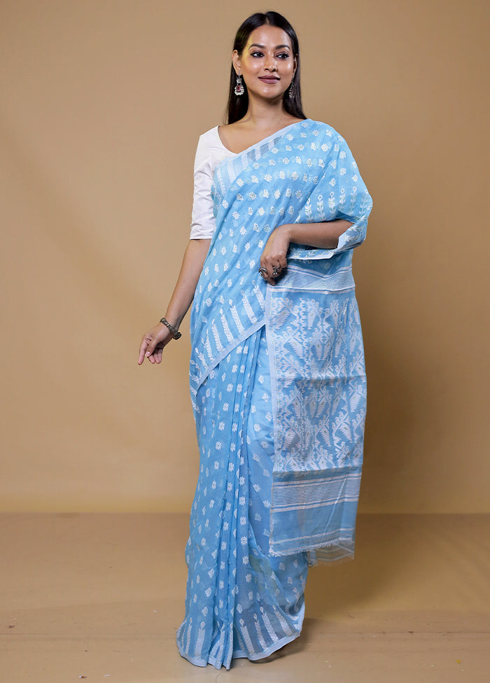 Blue Tant Jamdani Saree Without Blouse Piece