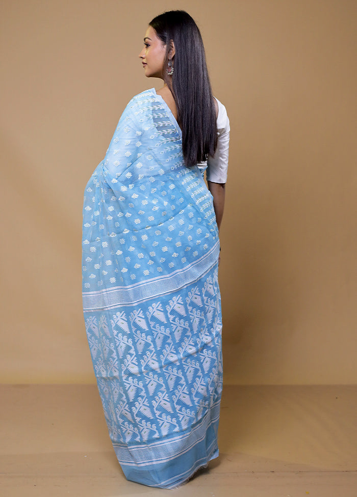 Blue Tant Jamdani Saree Without Blouse Piece