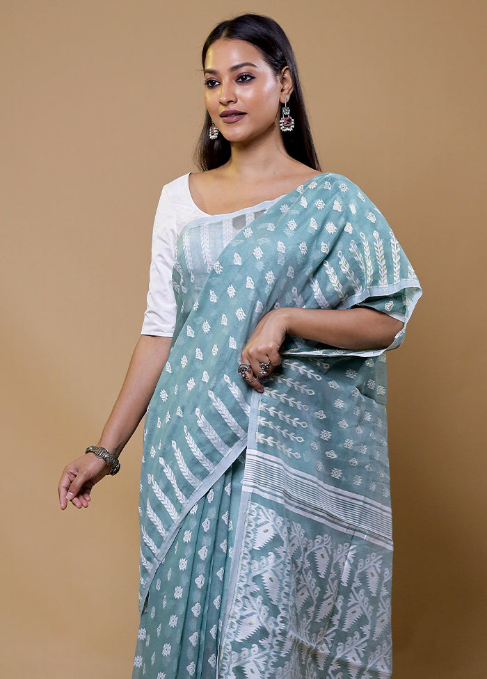 Blue Tant Jamdani Saree Without Blouse Piece