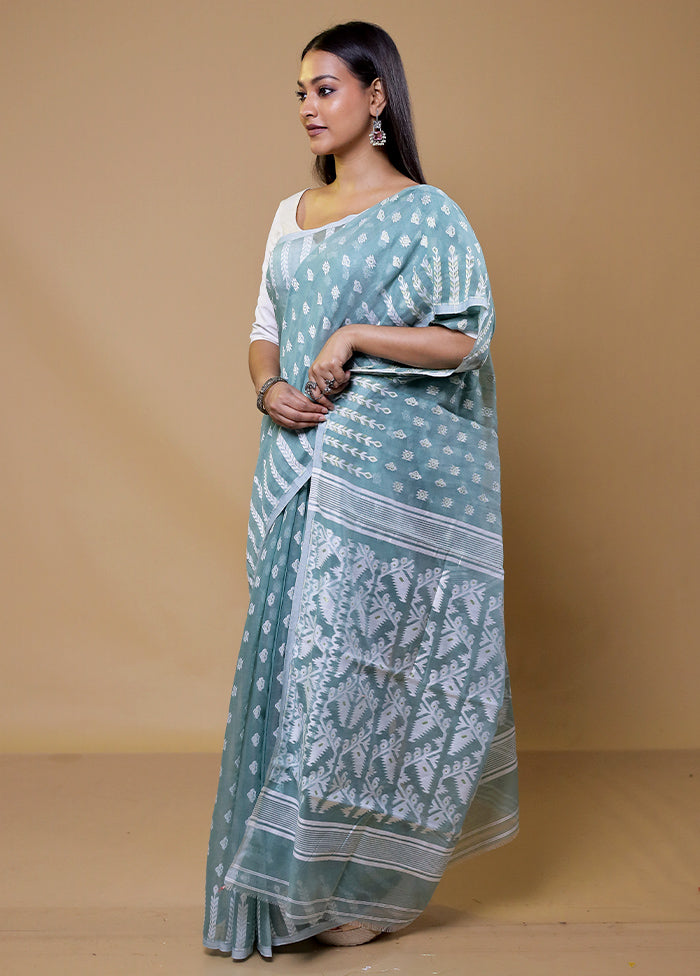 Blue Tant Jamdani Saree Without Blouse Piece