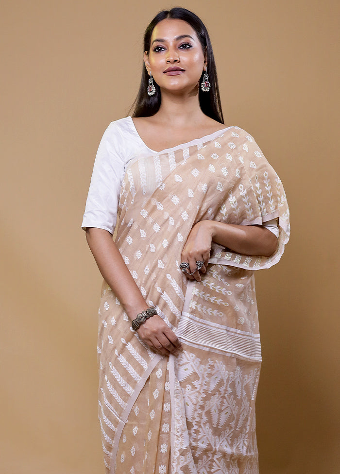 Cream Tant Jamdani Saree Without Blouse Piece