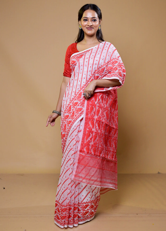 White Tant Jamdani Saree Without Blouse Piece