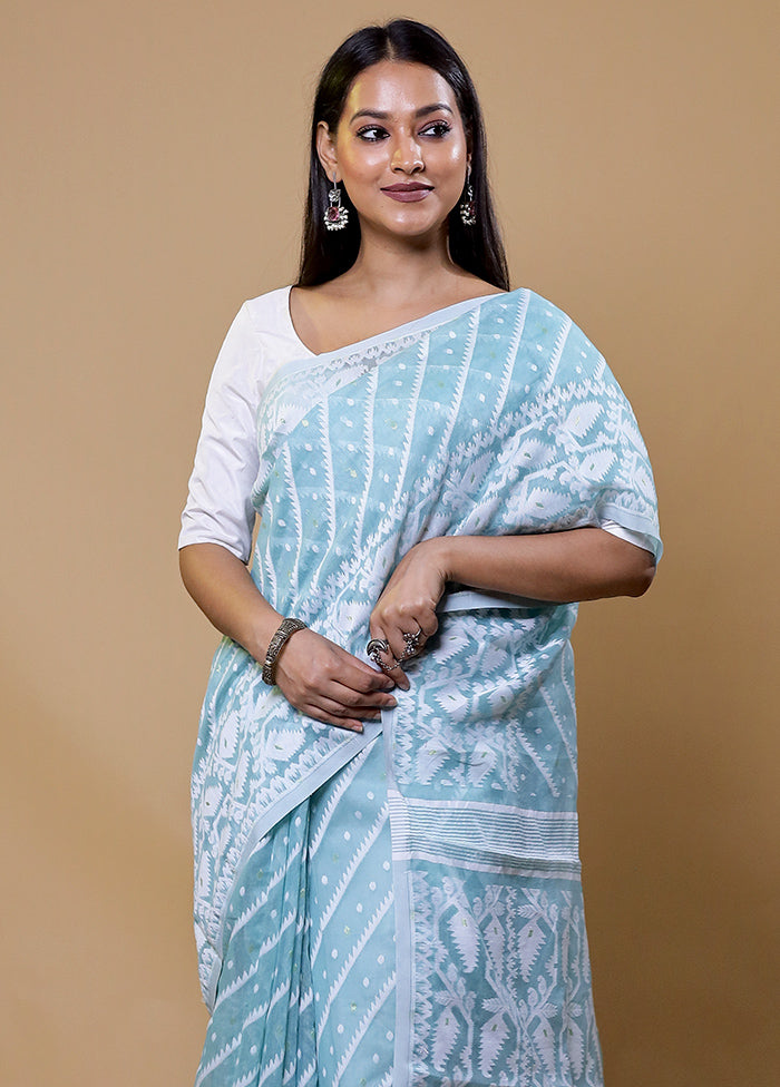 Blue Tant Jamdani Saree Without Blouse Piece