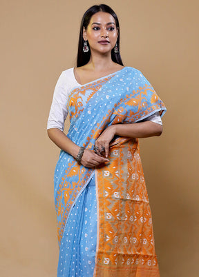 Blue Tant Jamdani Saree Without Blouse Piece