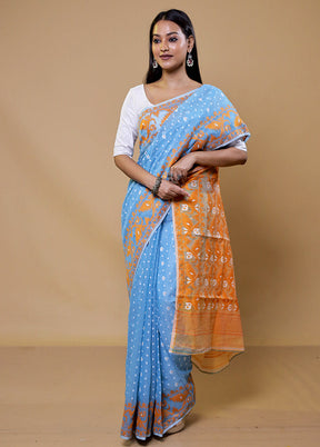 Blue Tant Jamdani Saree Without Blouse Piece