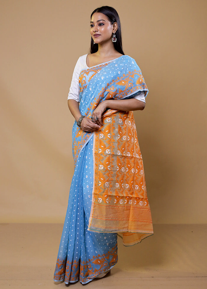 Blue Tant Jamdani Saree Without Blouse Piece