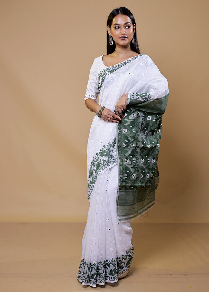 White Tant Jamdani Saree Without Blouse Piece