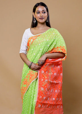 Green Tant Jamdani Saree Without Blouse Piece