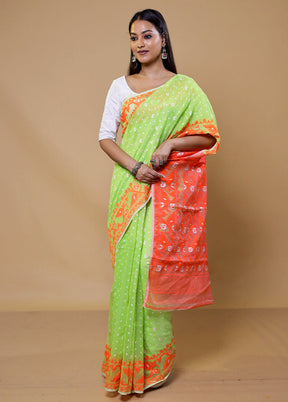 Green Tant Jamdani Saree Without Blouse Piece