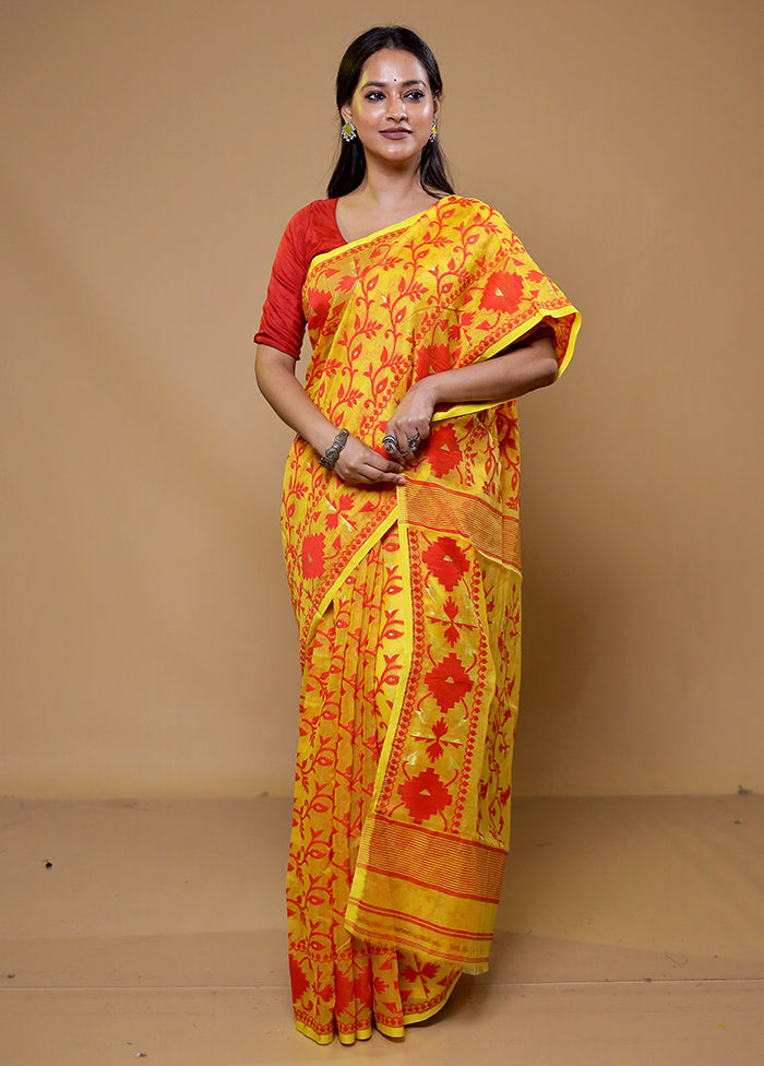 Yellow Tant Jamdani Saree Without Blouse Piece