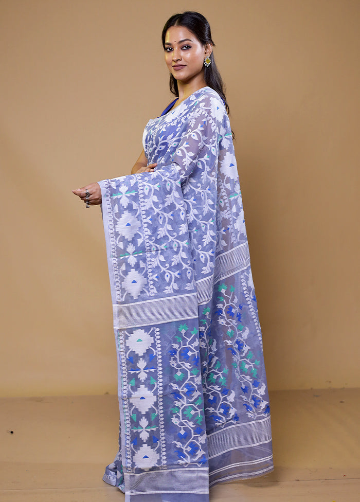 Blue Tant Jamdani Saree Without Blouse Piece