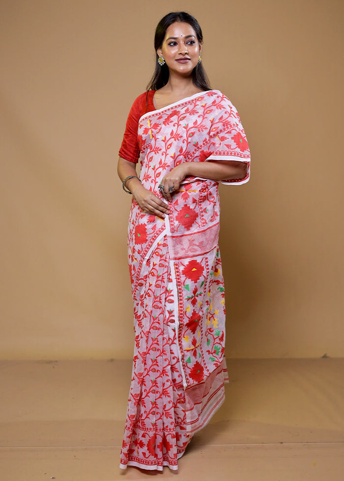 White Tant Jamdani Saree Without Blouse Piece