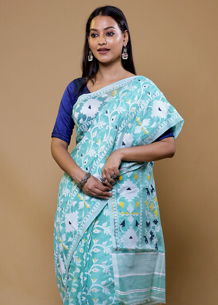 Blue Tant Jamdani Saree Without Blouse Piece