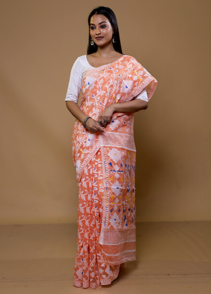 Peach Tant Jamdani Saree Without Blouse Piece