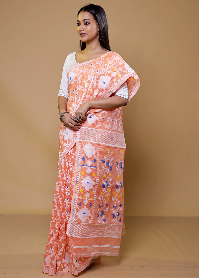 Peach Tant Jamdani Saree Without Blouse Piece