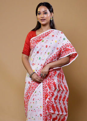 White Tant Jamdani Saree Without Blouse Piece